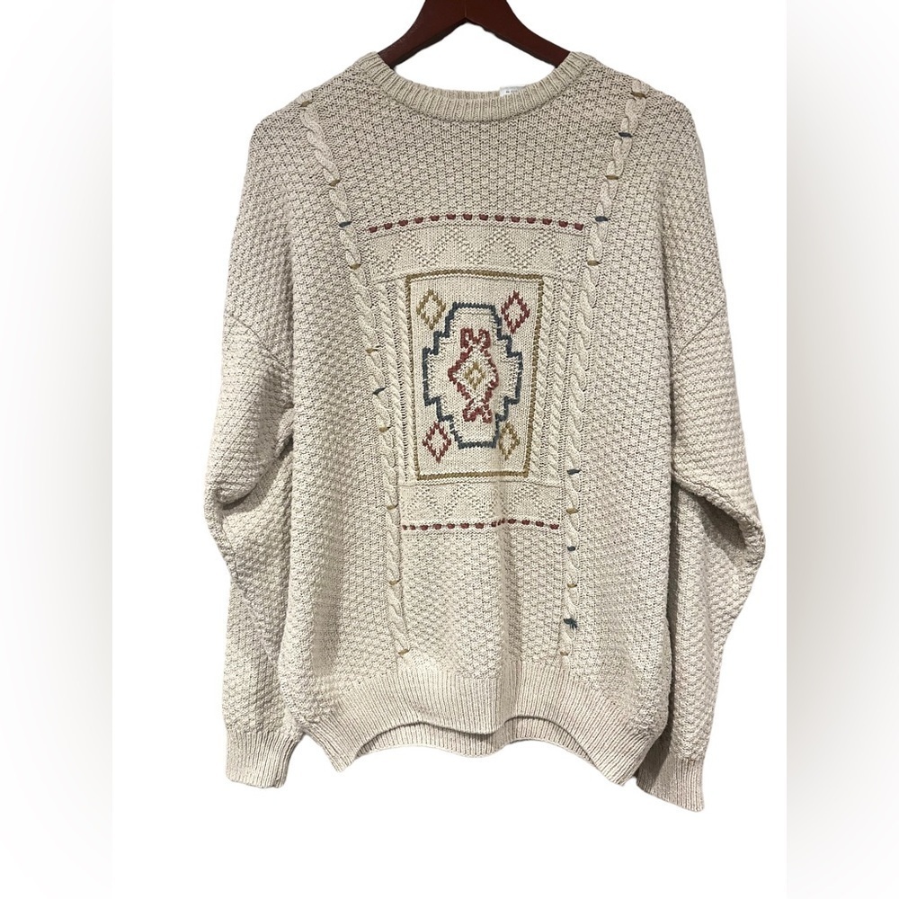 Claiborne Oversized Vintage‎ Sweater 90s Tan Embroidered Aztec